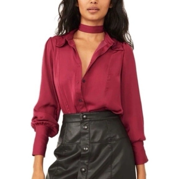 Free People Lala Solid Blouse By Off Beat Burgundy Button Down Blouse Bow Small - Picture 3 of 16
